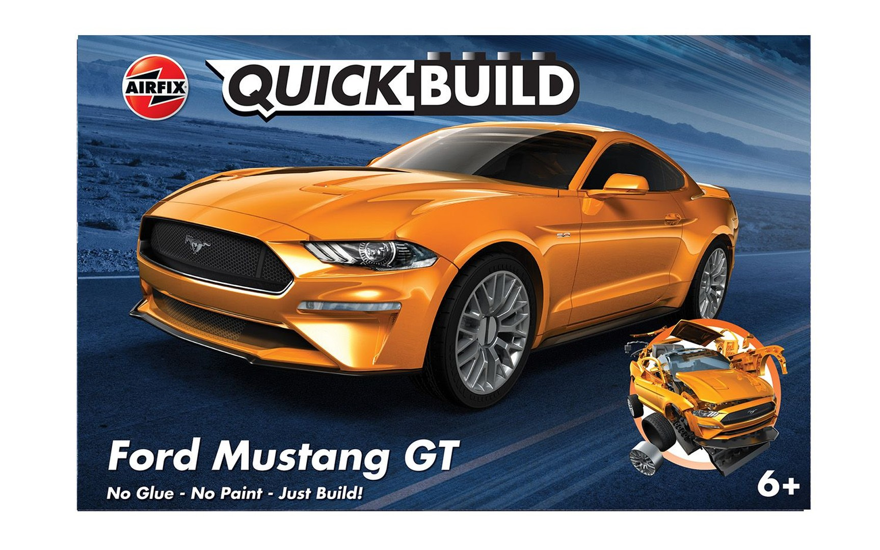 Pomarańczowy zestaw Ford Mustang GT z logo Airfix Quick Build i oznaczeniem wieku 6+.