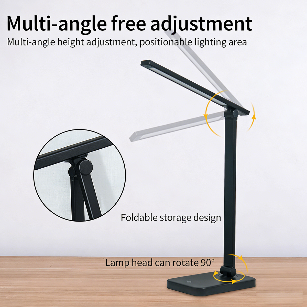 Schwarze Schreibtischlampe mit verstellbarem Arm und Kopf. Nahaufnahme des Gelenks.
