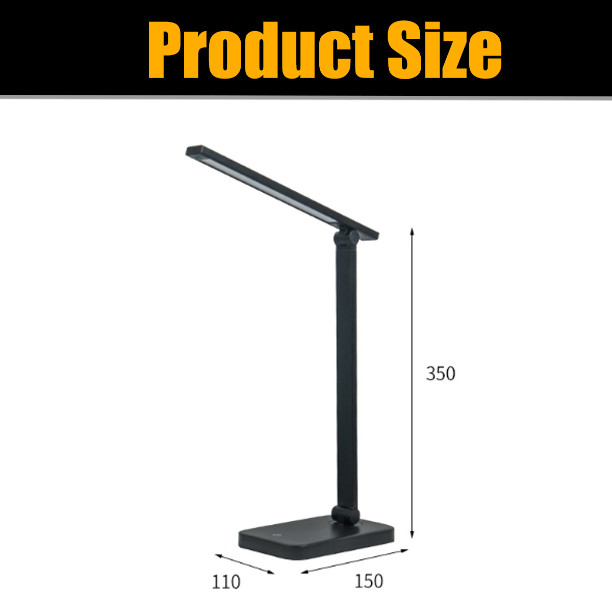Eine schwarze Schreibtischlampe mit Maßen: 110 mm Sockelbreite, 150 mm Sockellänge, 350 mm Höhe.