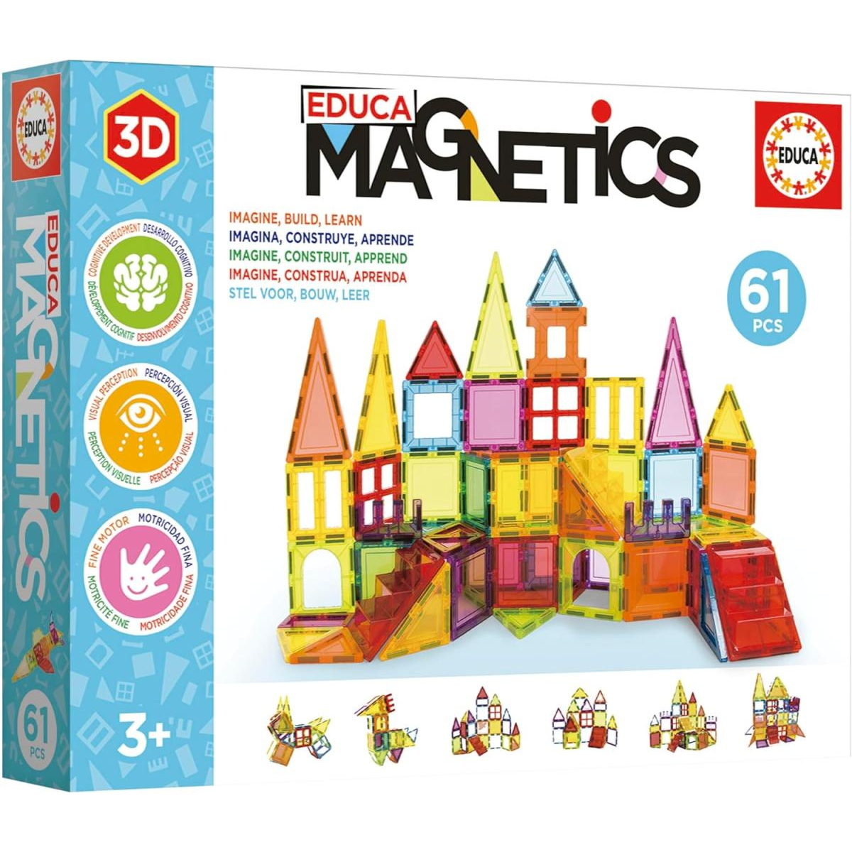 Confezione di blocchi magnetici 3D Educa con strutture colorate ed esempi.