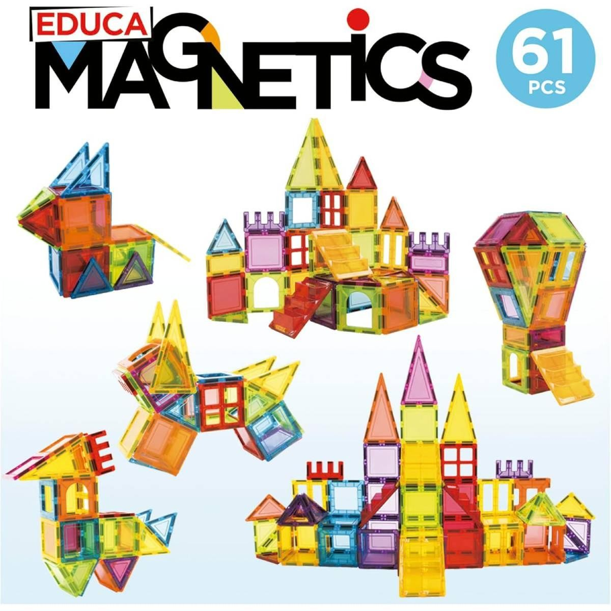 Blocchi magnetici colorati formano animali ed edifici.