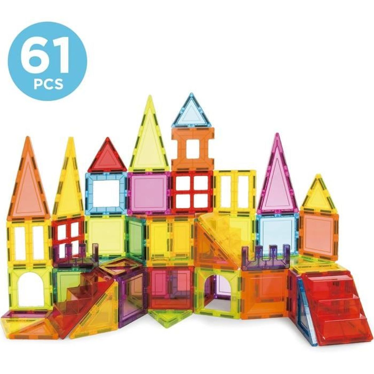 Blocchi magnetici colorati formano un castello con torri e scale.
