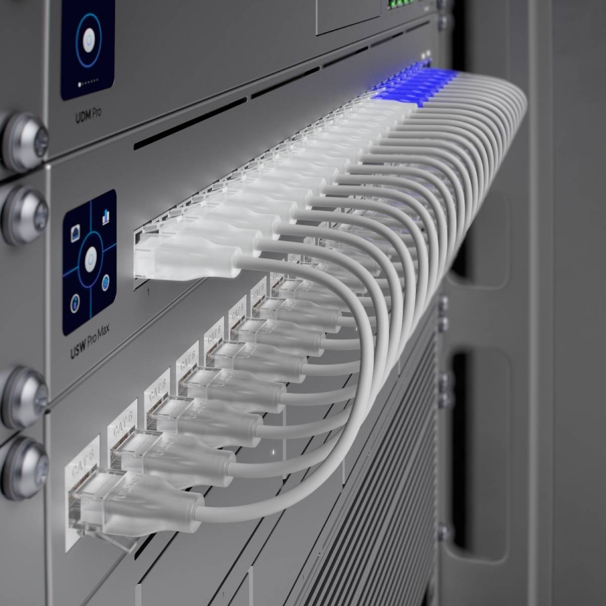 A row of network cables plugged into a rack with blue illuminated ports.