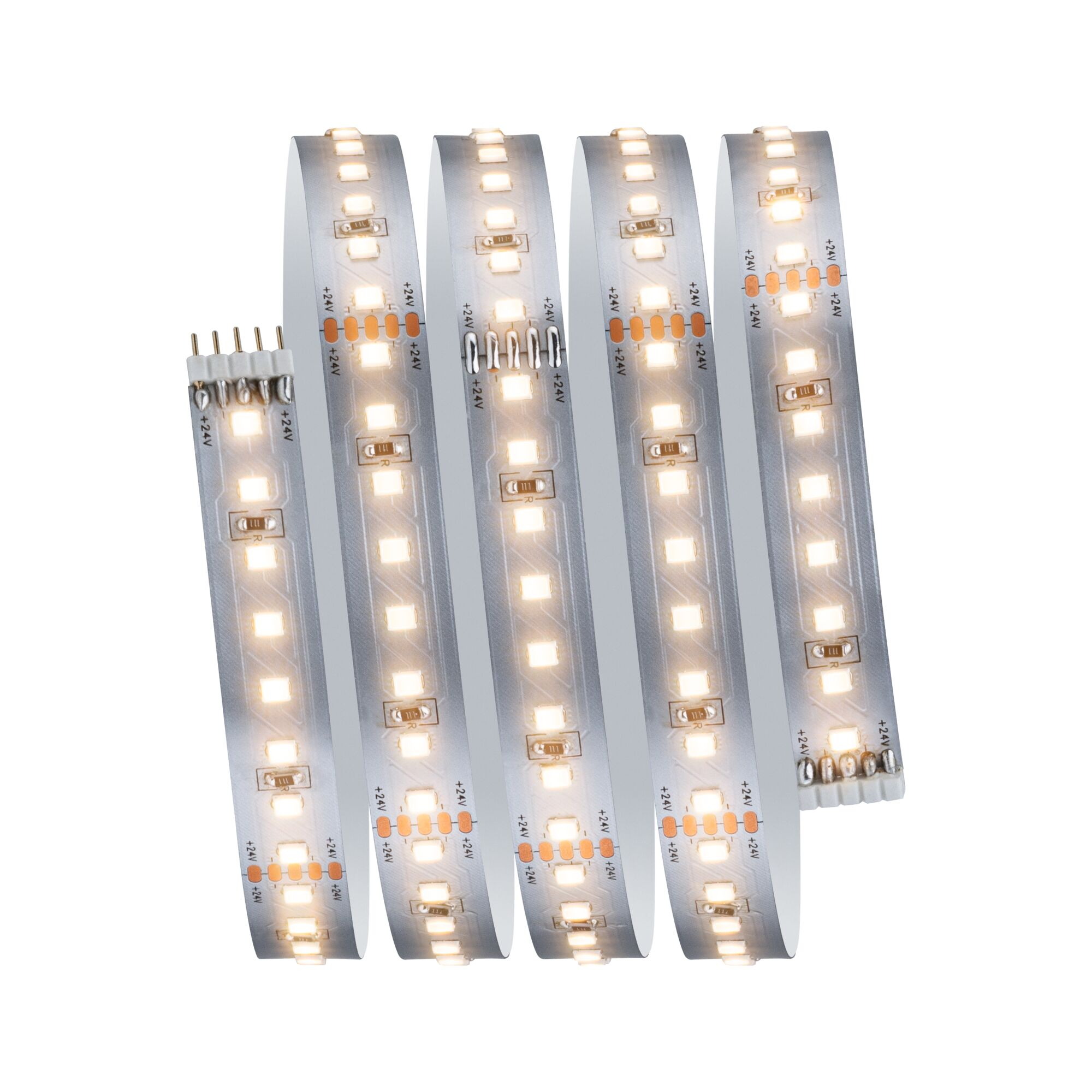 Eine Rolle mit fünf LED-Streifen, die mit "+24V" beschriftet sind.