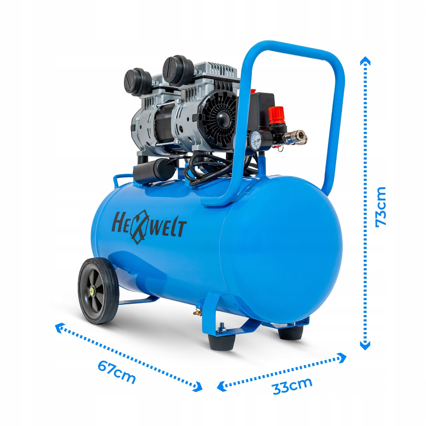 Niebieski kompresor powietrza z dwoma cylindrami i kołami. Wymiary: 67x33x73cm.
