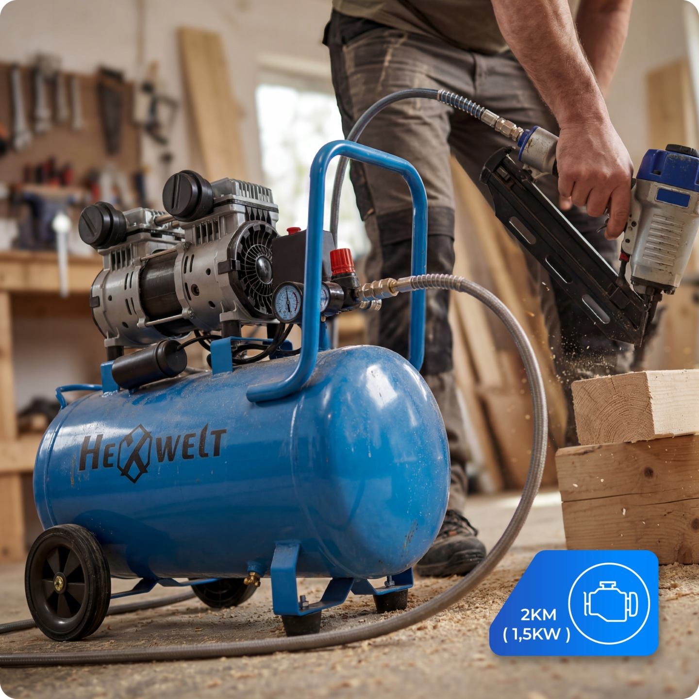 Niebieski kompresor w warsztacie, osoba przybija drewno gwoździarką.