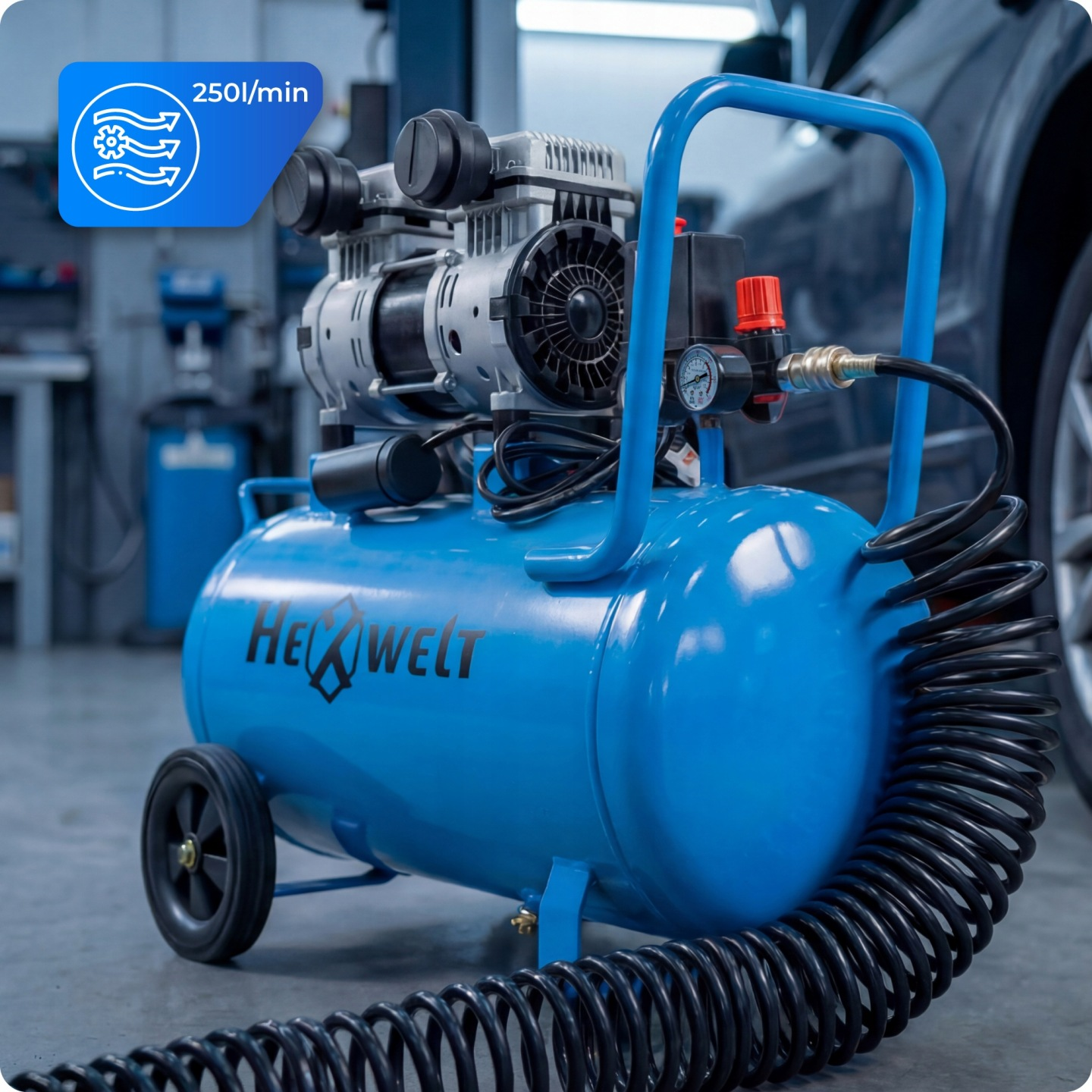 Niebieski kompresor powietrza z logo HELLWEIT, manometrem i wężem spiralnym.