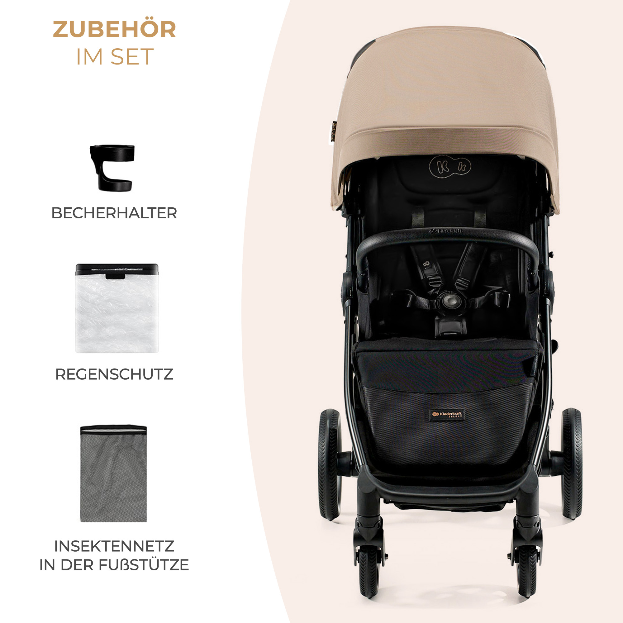 Ein Kinderwagen mit Zubehör: Becherhalter, Regenschutz und Insektennetz.