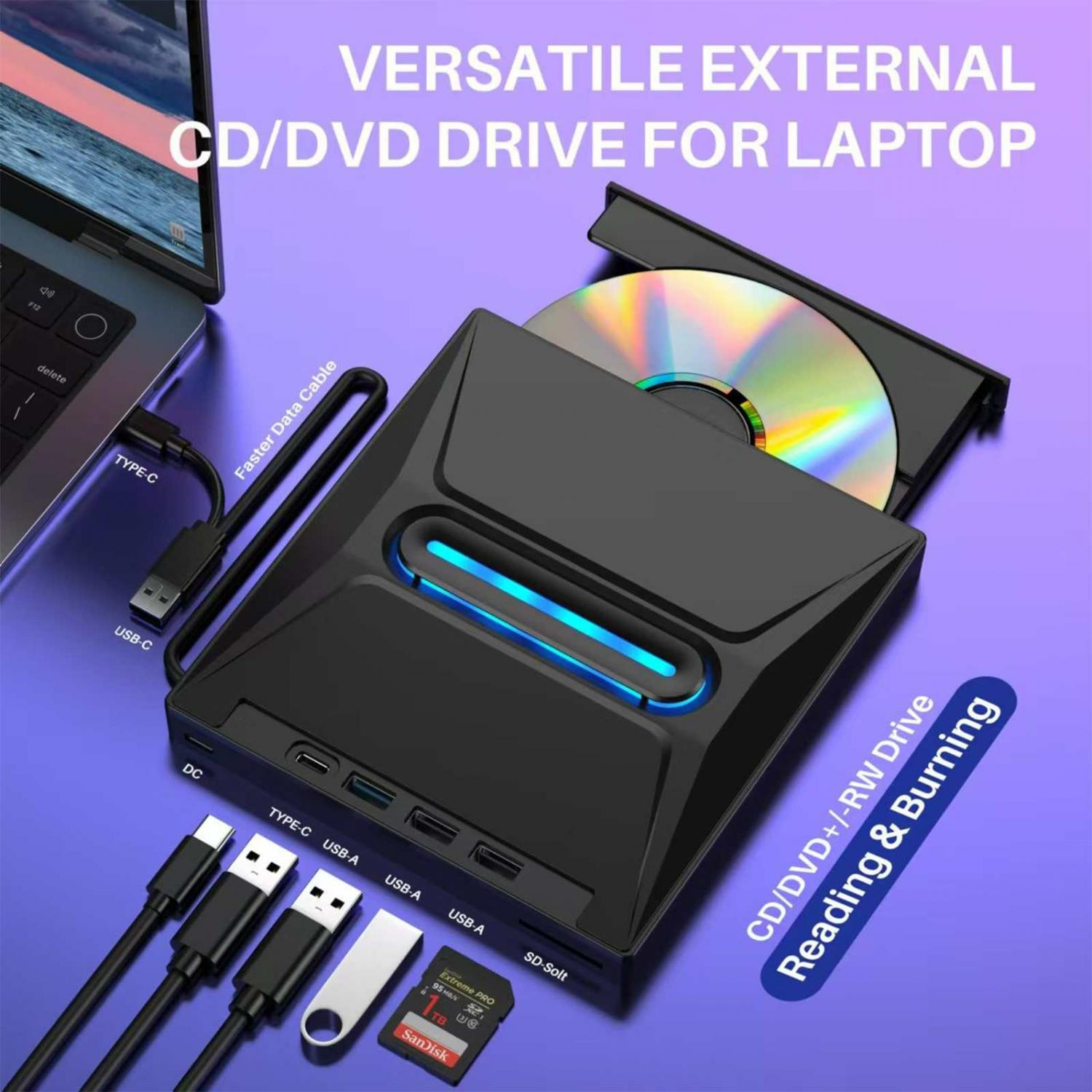 Schwarzes externes CD/DVD-Laufwerk an Laptop mit USB-C angeschlossen. Enthält Kabel, USB-Stick & SD-Karte.