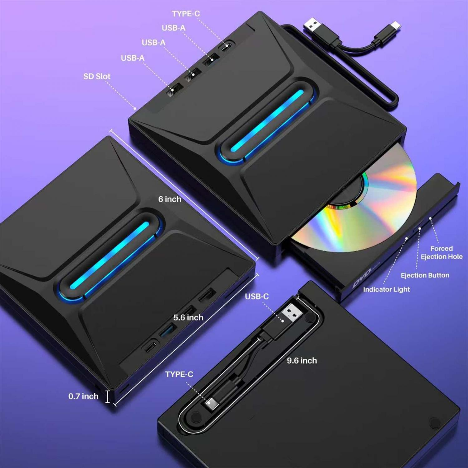 Schwarzer externer DVD-Brenner mit USB-C, USB-A-Anschlüssen, SD-Kartenslot und blauen Lichtern.