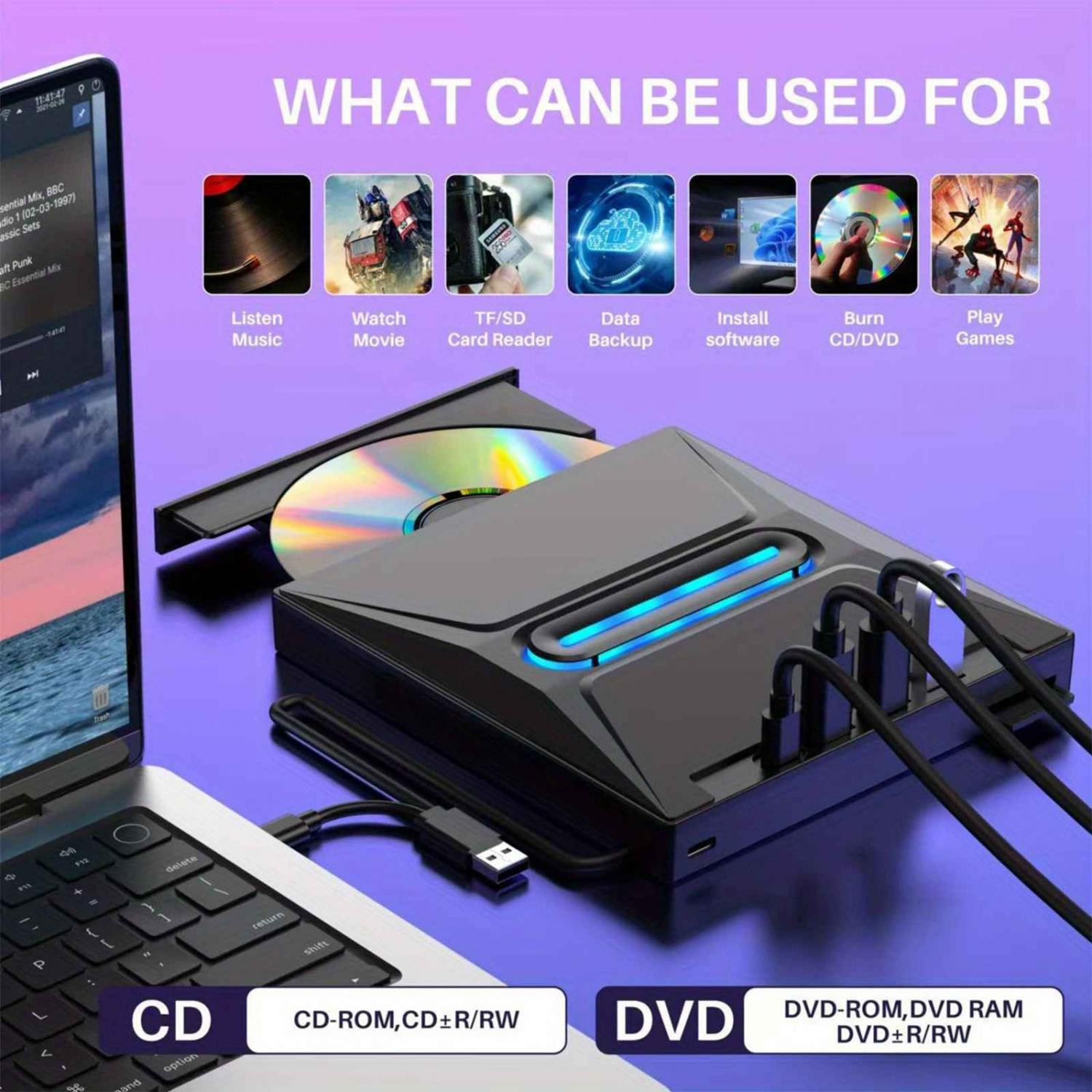 Ein externer CD/DVD-Brenner mit Laptop und USB-Kabel, bereit zur Datenübertragung und Medienwiedergabe.