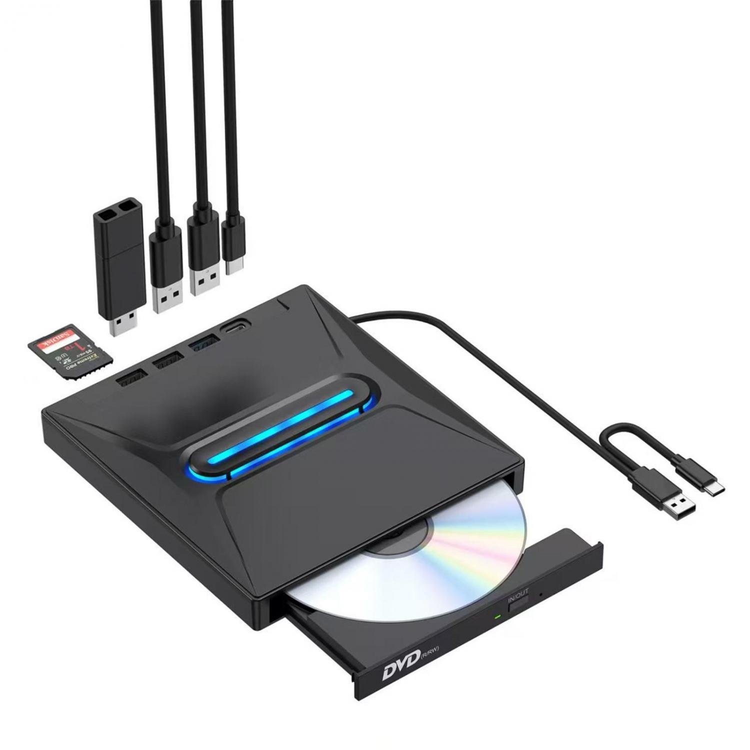 Schwarzes externes DVD-Laufwerk mit USB-C, USB-A Kabeln, SD-Karte und USB-Adapter.