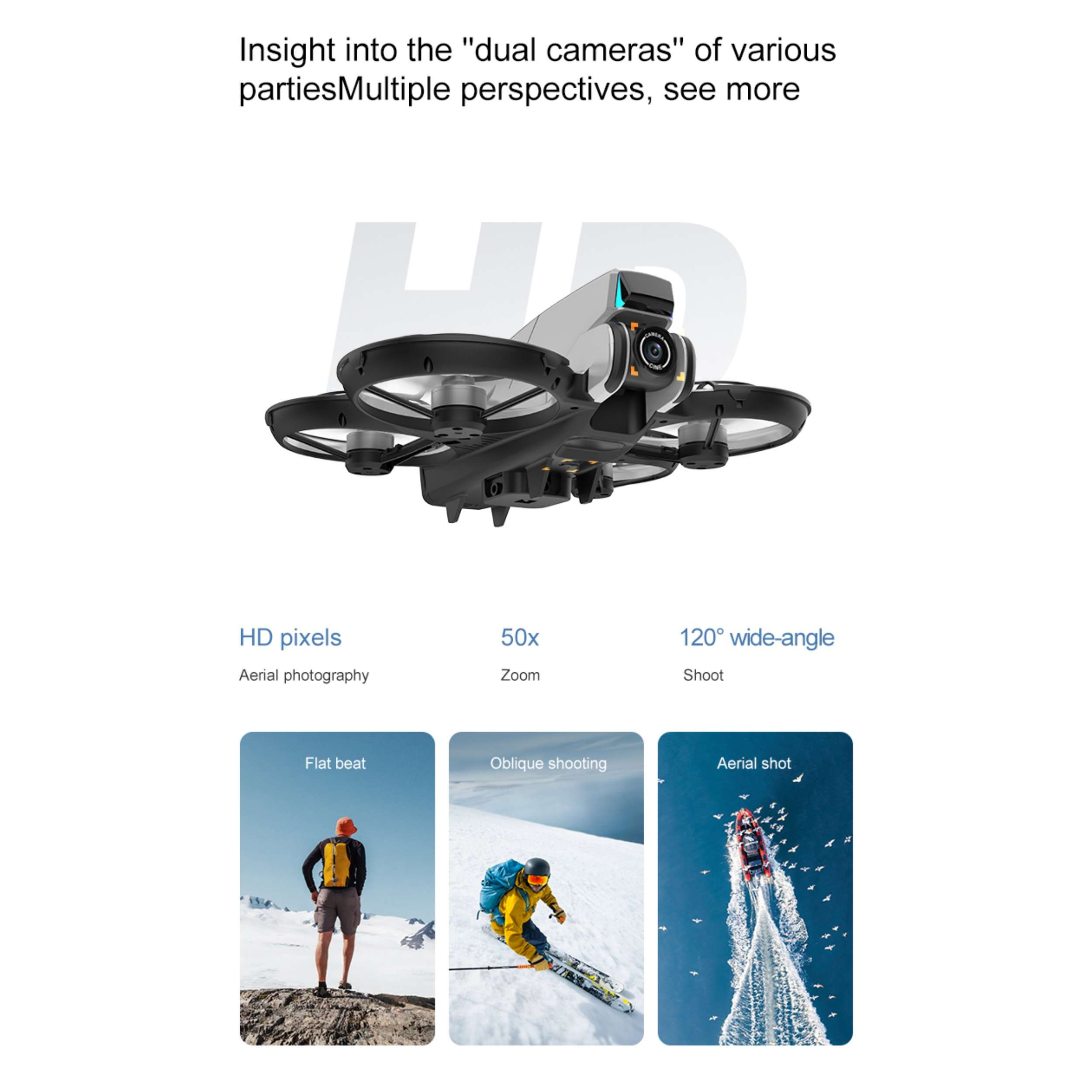 Drohne mit zwei Kameras, 3 Bilder von Aktivitäten: Bergsteiger, Skifahrer, Boot auf dem Wasser.