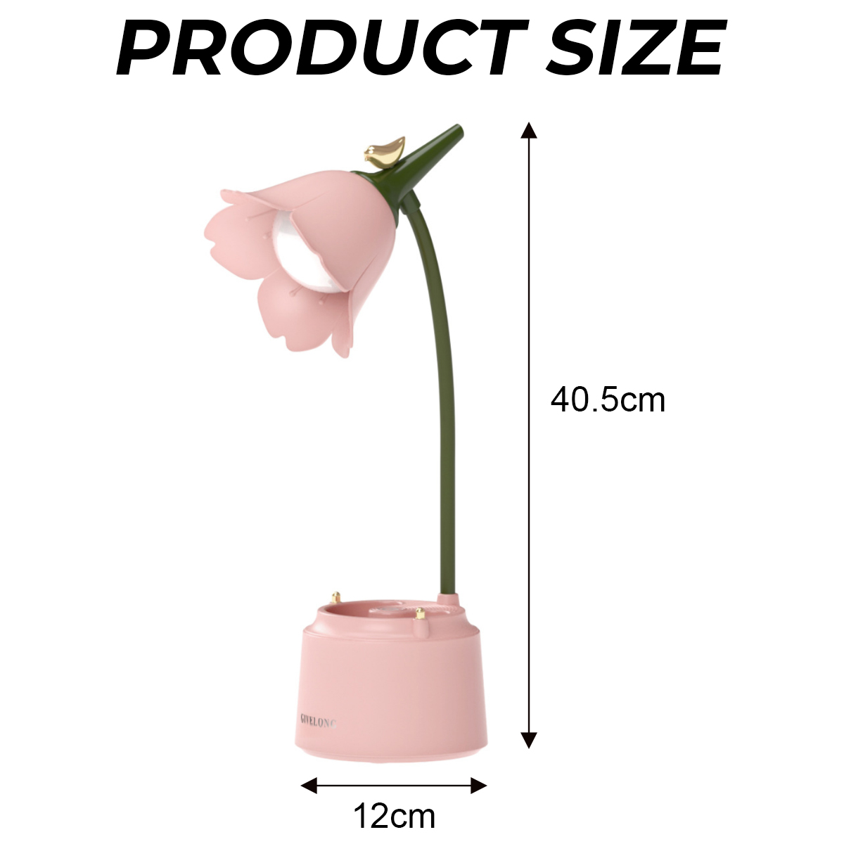 Eine rosa Lampe in Blumenform mit einem grünen Stiel und einem Vogel. Maße: 40,5 cm hoch, 12 cm breit.