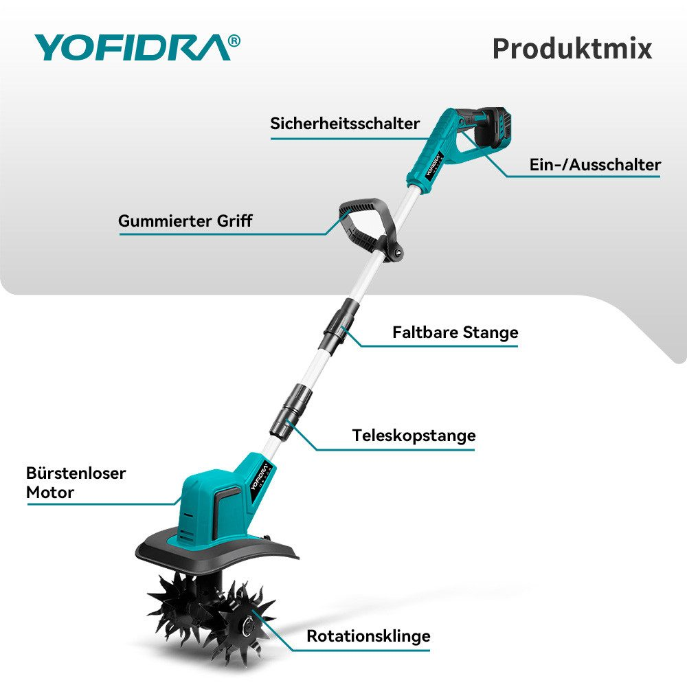 Ein türkiser YOFIDRA Gartengerät mit Rotationsklingen, Teleskopstange und Griff.