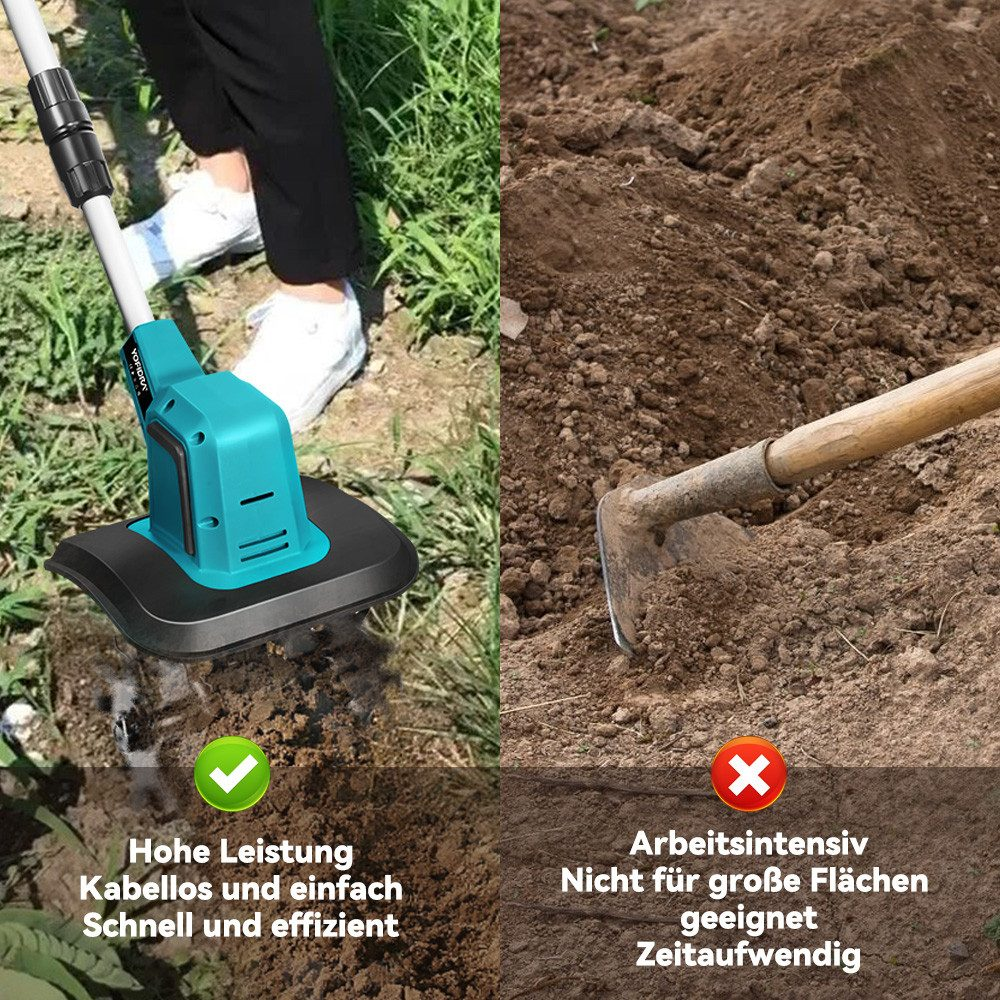 Vergleich von Gartengeräten: Akku-Bodenfräse vs. Hacke. Links zeigt Akku-Fräse, rechts Hacke.