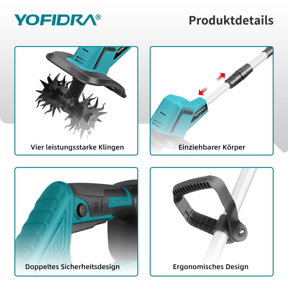 Vier Klingen, Teleskopgriff, Sicherheitsschalter und ergonomischer Griff.