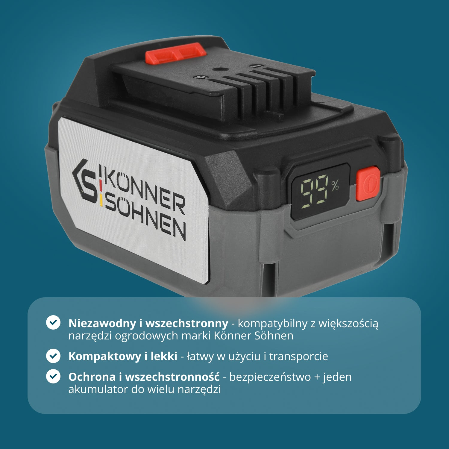 Czarno-szara bateria z logo "Könner Söhnen" i wskaźnikiem 99%.