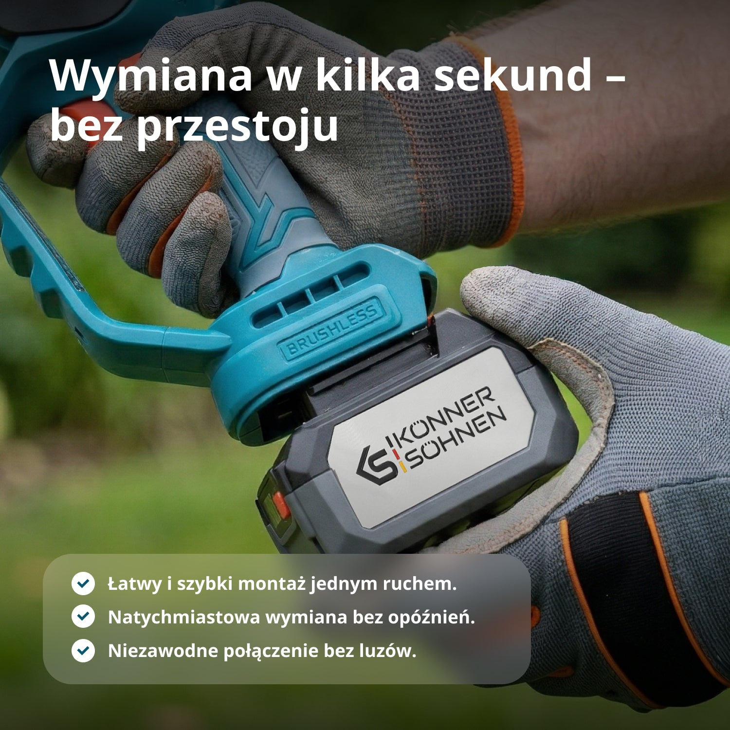 Ręka w rękawicy wymienia baterię w narzędziu. Widok z bliska.