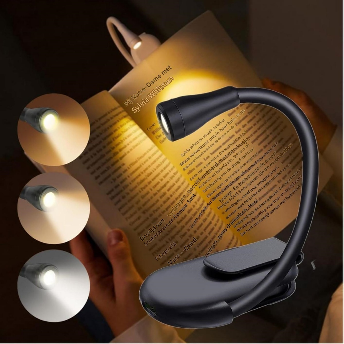 Ein schwarzes Buchlicht mit flexiblem Hals klemmt auf einem geöffneten Buch.