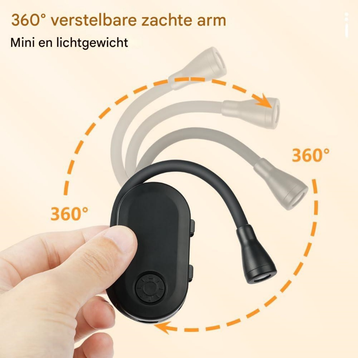 Hand hält schwarzes, flexibles Leselicht mit 360-Grad-Beweglichkeit. Mini und leicht.