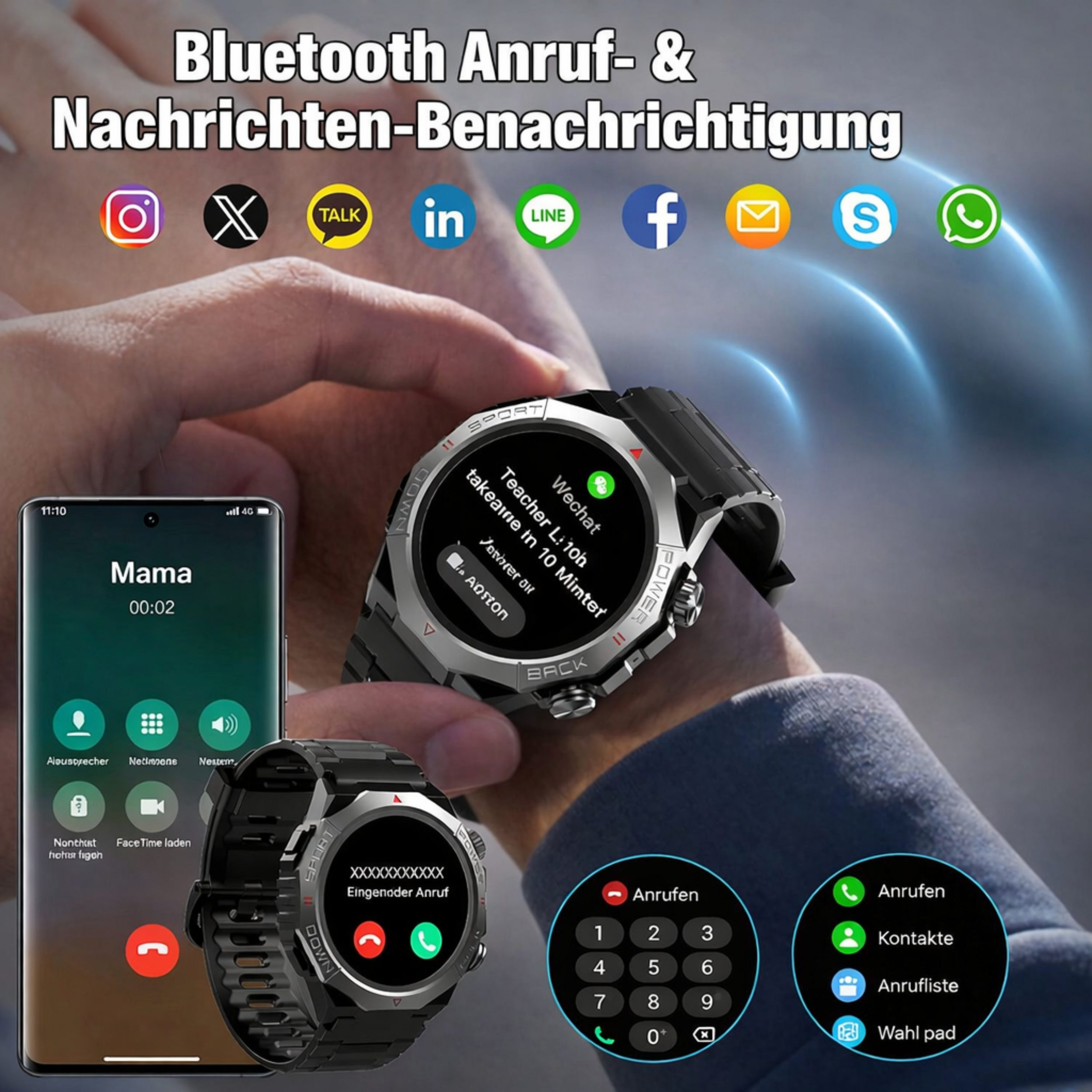 Uhr zeigt Anruf- und Nachrichtenbenachrichtigung. Links ein Handy mit Anruf.