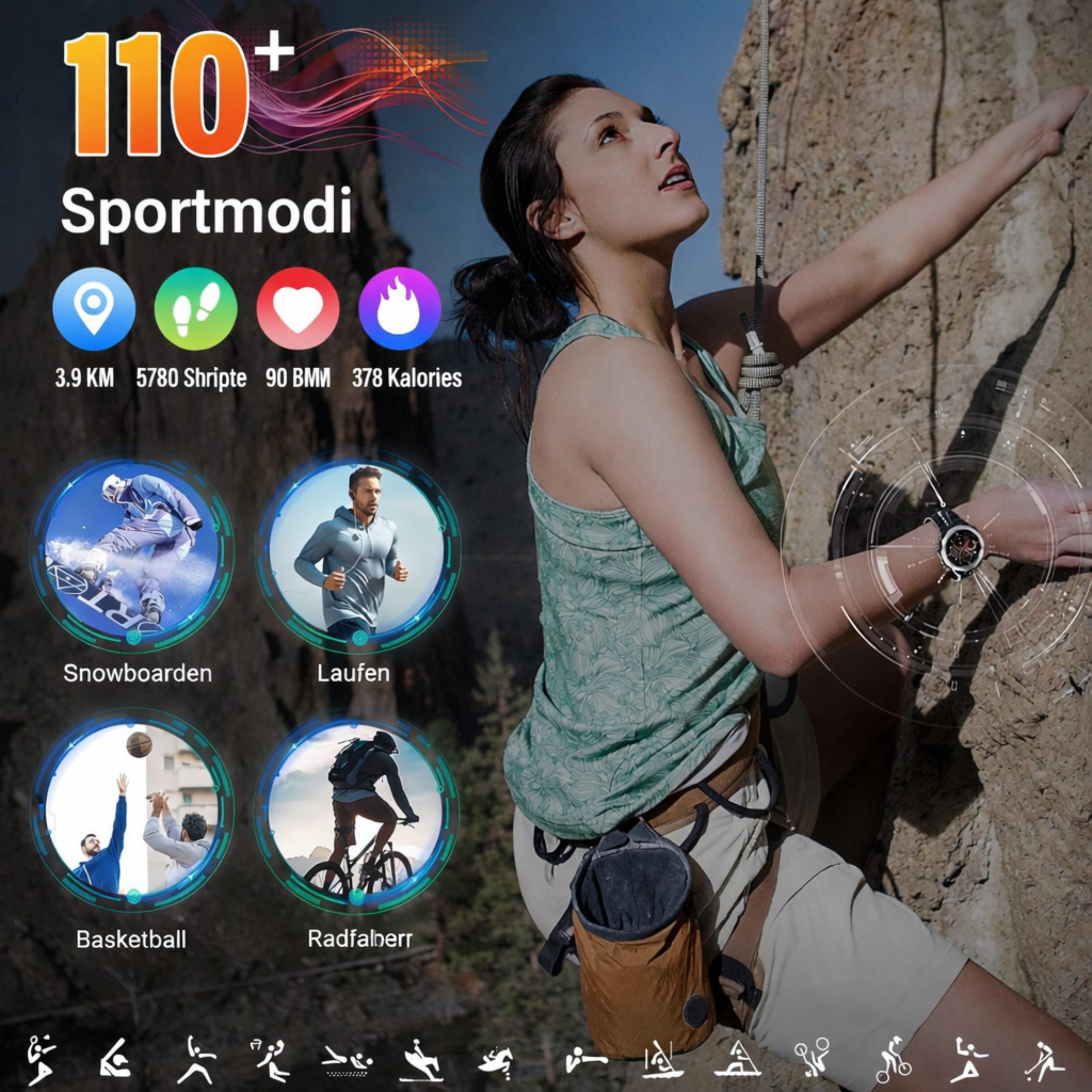 Eine Frau klettert, daneben Sportmodi-Icons: Snowboarden, Laufen, Basketball, Radfahren.