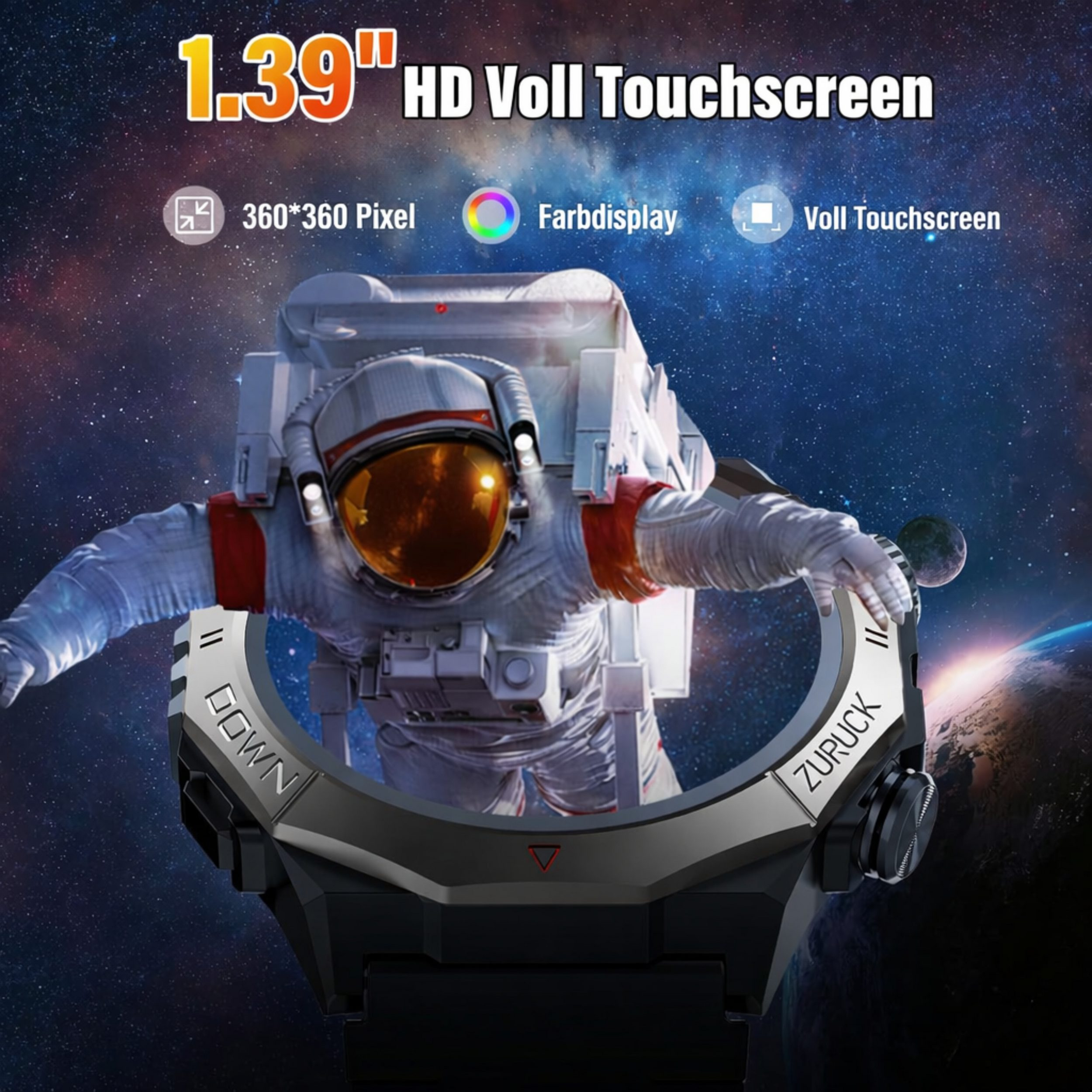 Astronaut schwebt vor Erde mit einer Smartwatch im Vordergrund.