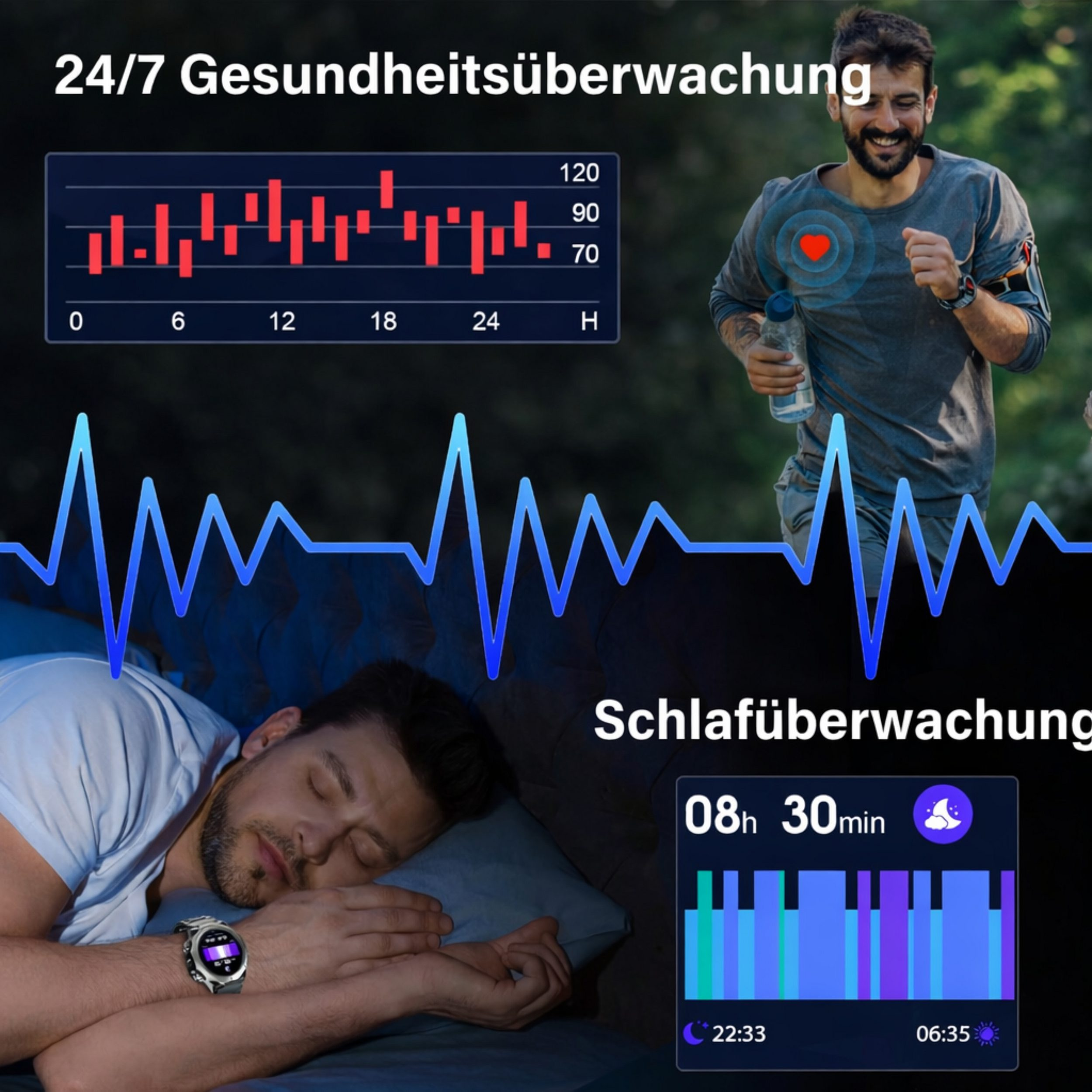 Mann beim Joggen und Schlafen mit Gesundheits- und Schlafüberwachung.