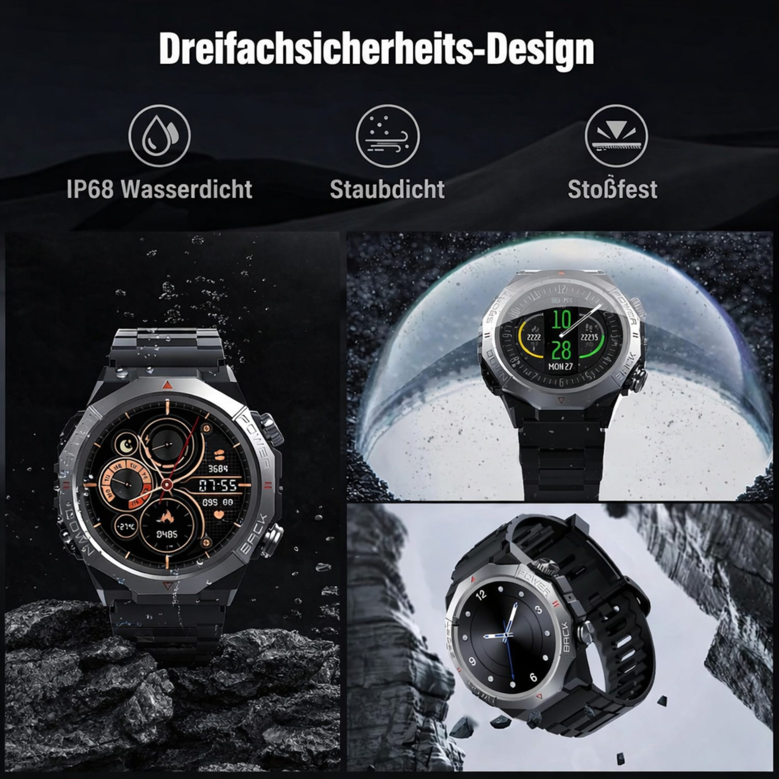 Drei Smartwatches im Fokus: wasserdicht, staubdicht, stoßfest.