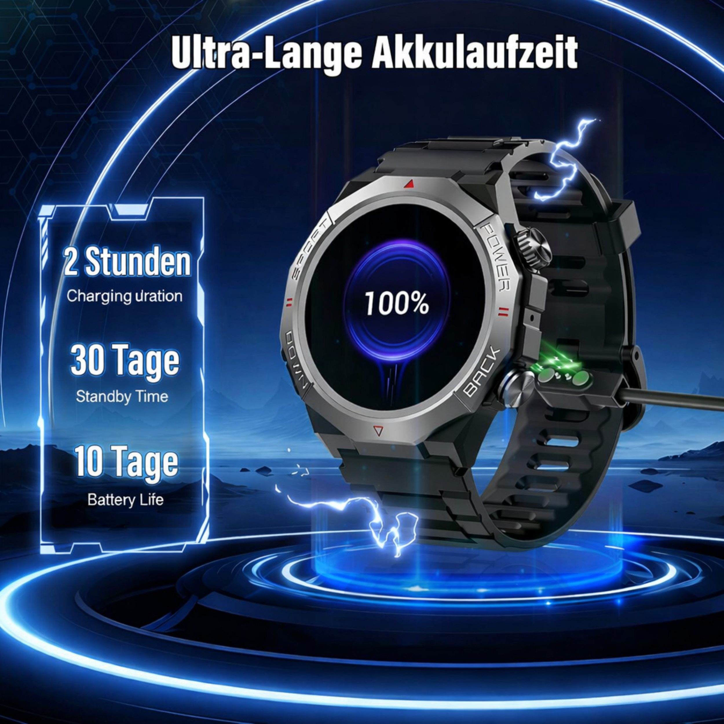 Eine Smartwatch mit 100% Akku lädt. Sie bietet 2 Std Ladezeit, 30 Tage Standby, 10 Tage Laufzeit.