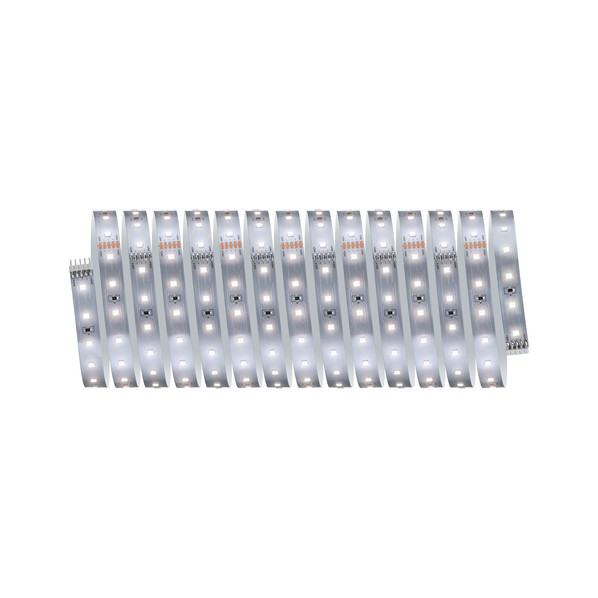Eine Reihe von weißen LED-Streifen mit Anschlüssen, auf weißem Hintergrund.