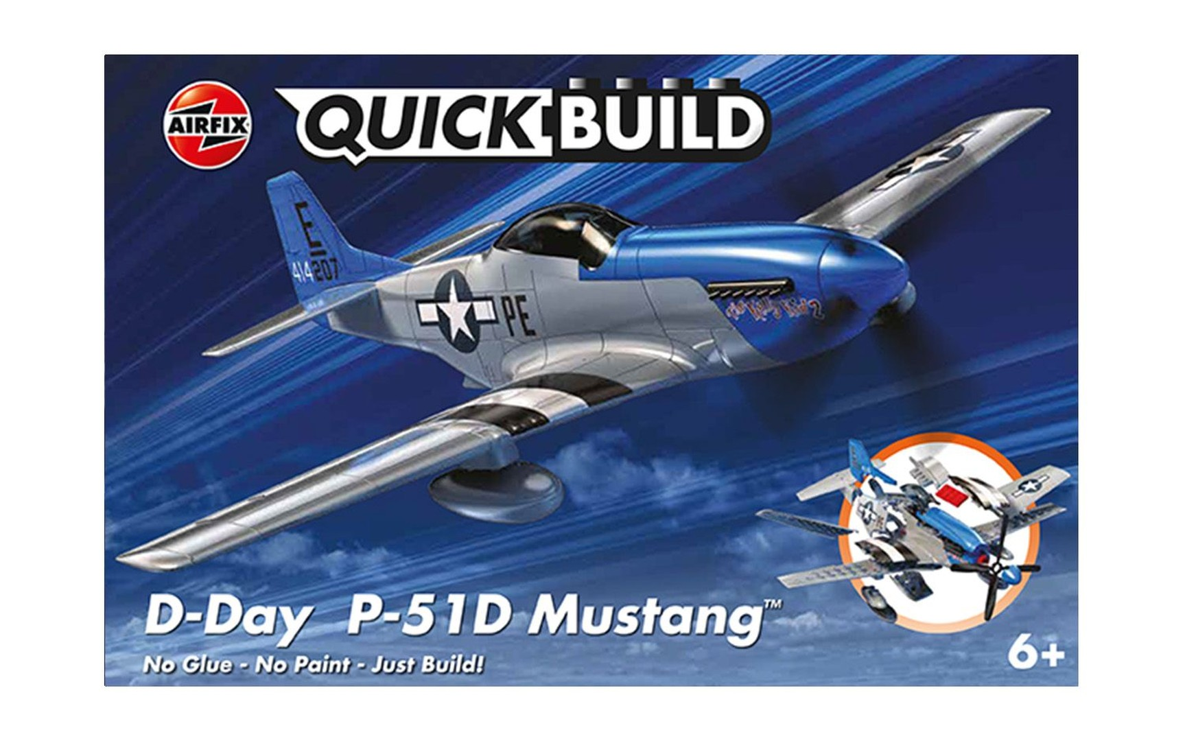 Model Airfix Quick Build D-Day P-51D Mustang. Niebieski i srebrny.