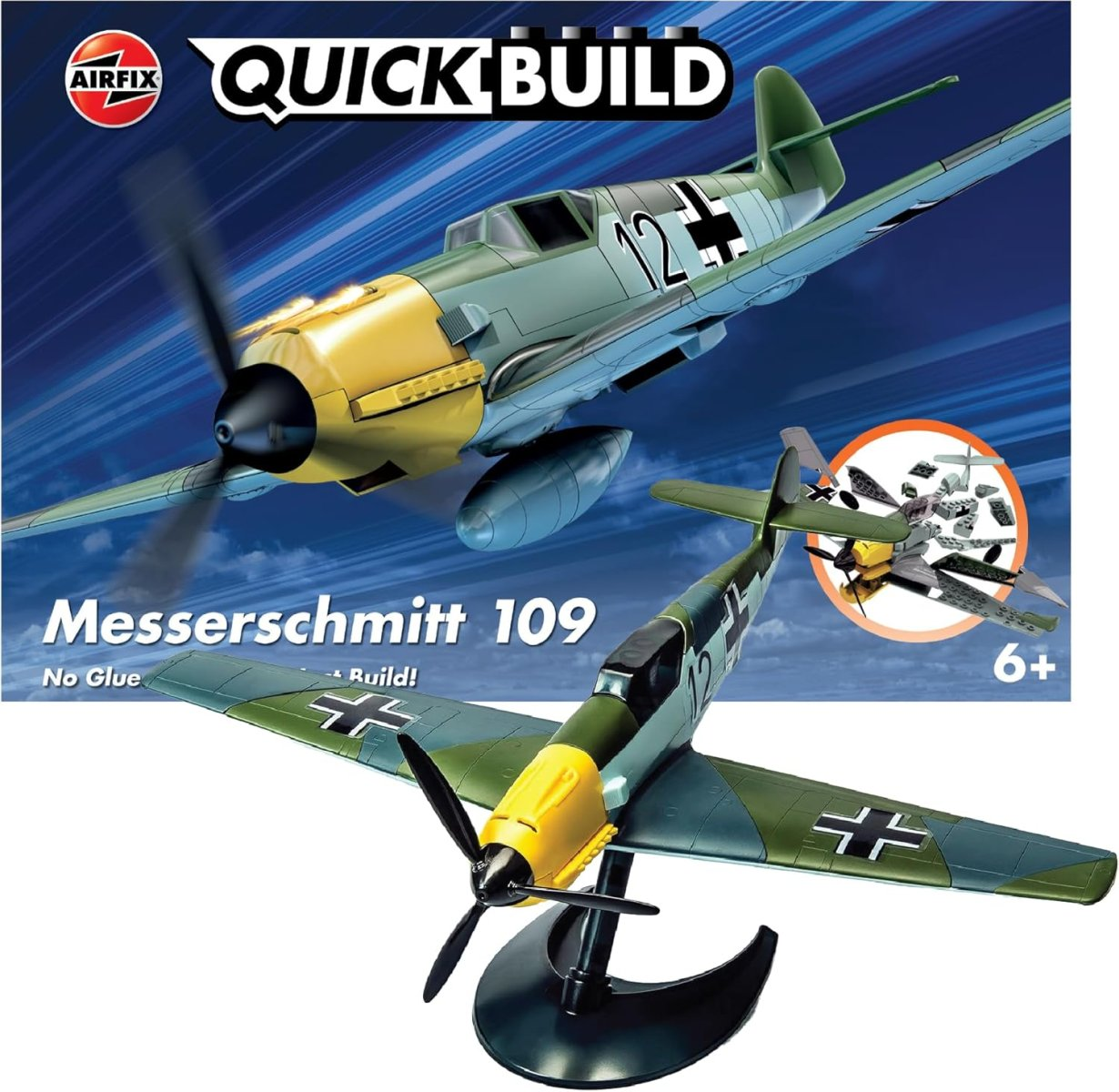 Model samolotu Messerschmitt 109 zielono-żółtego z logo Airfix i instrukcją budowy.