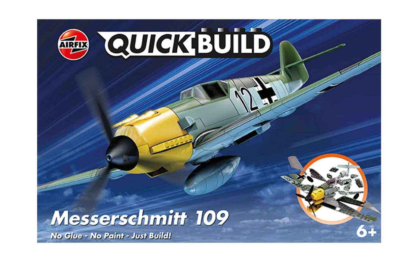 Zestaw Airfix Messerschmitt 109 z zielonym kadłubem, żółtym przodem i śmigłem.