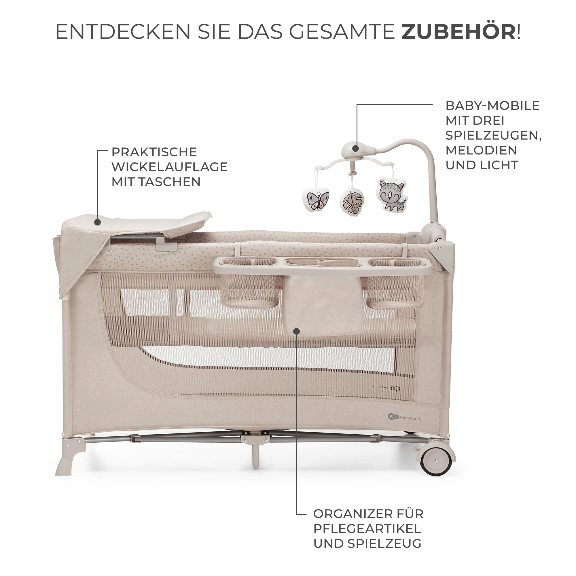 Beiger Kinderreisebett mit Wickelauflage, Organizer und Baby-Mobile mit Spielzeug.