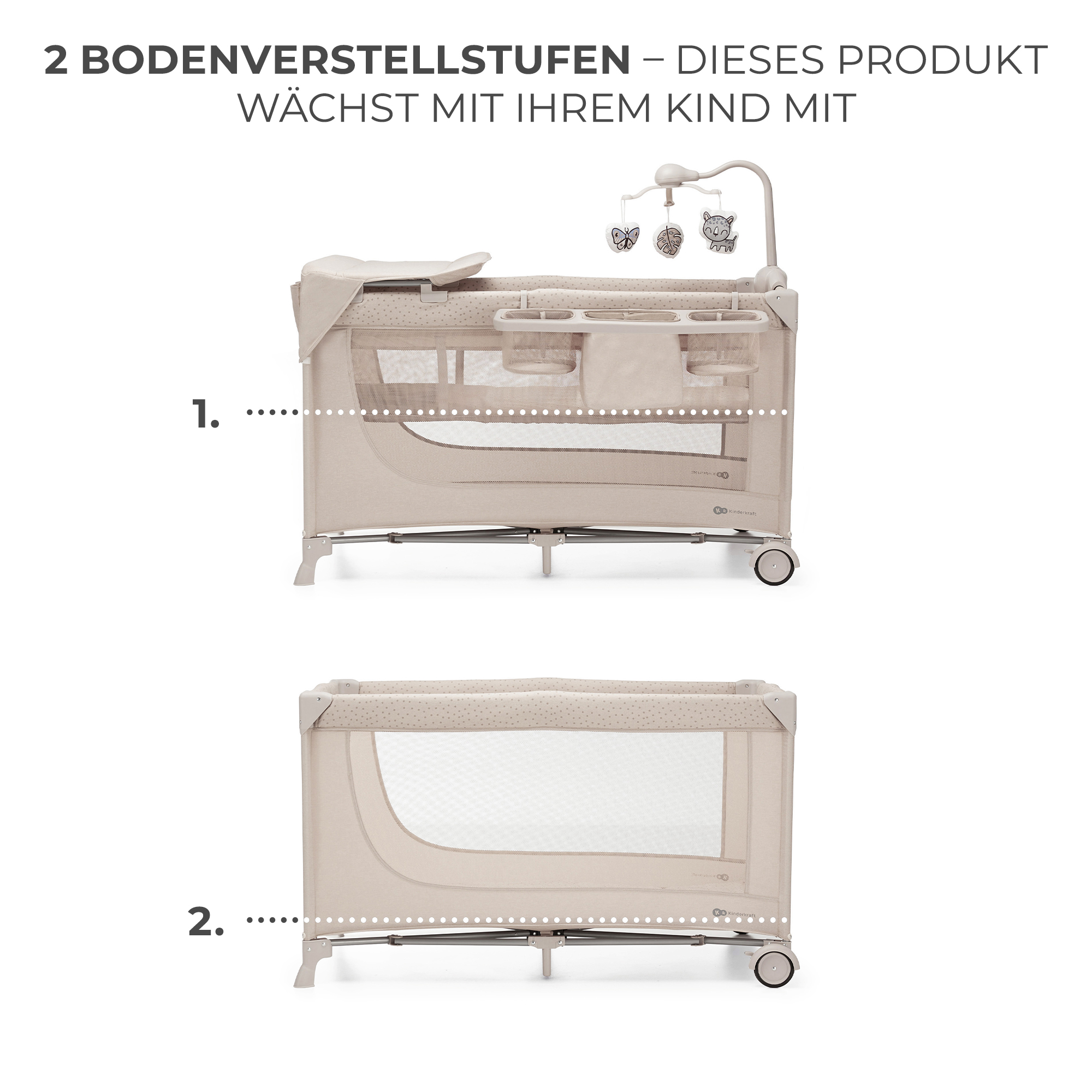 Beige Babybett mit Wickelaufsatz und Spielbogen (oben), nur Bett (unten).