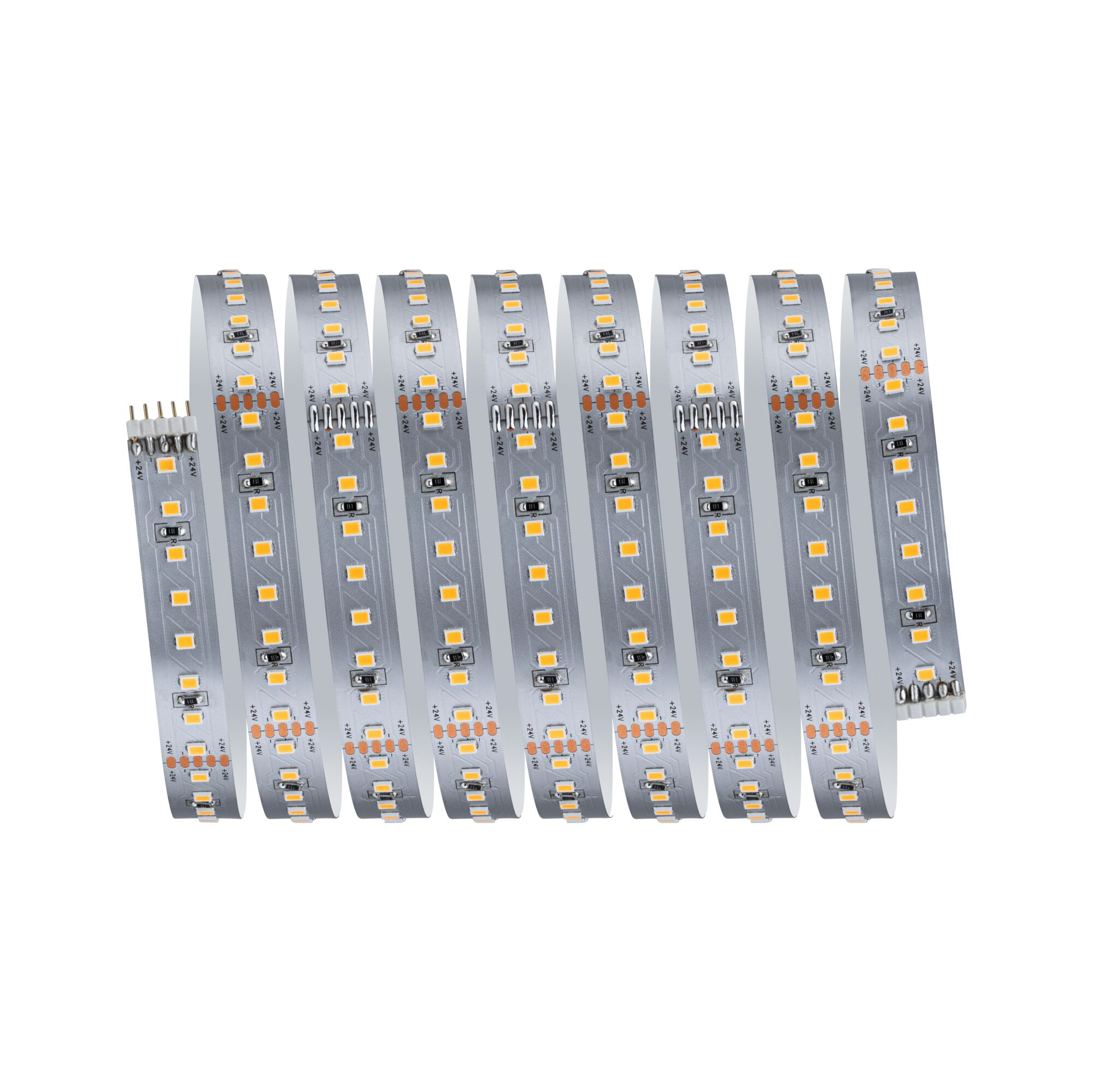 Mehrere Rollen von weißen LED-Streifen mit orangefarbenen LEDs auf weißem Hintergrund.