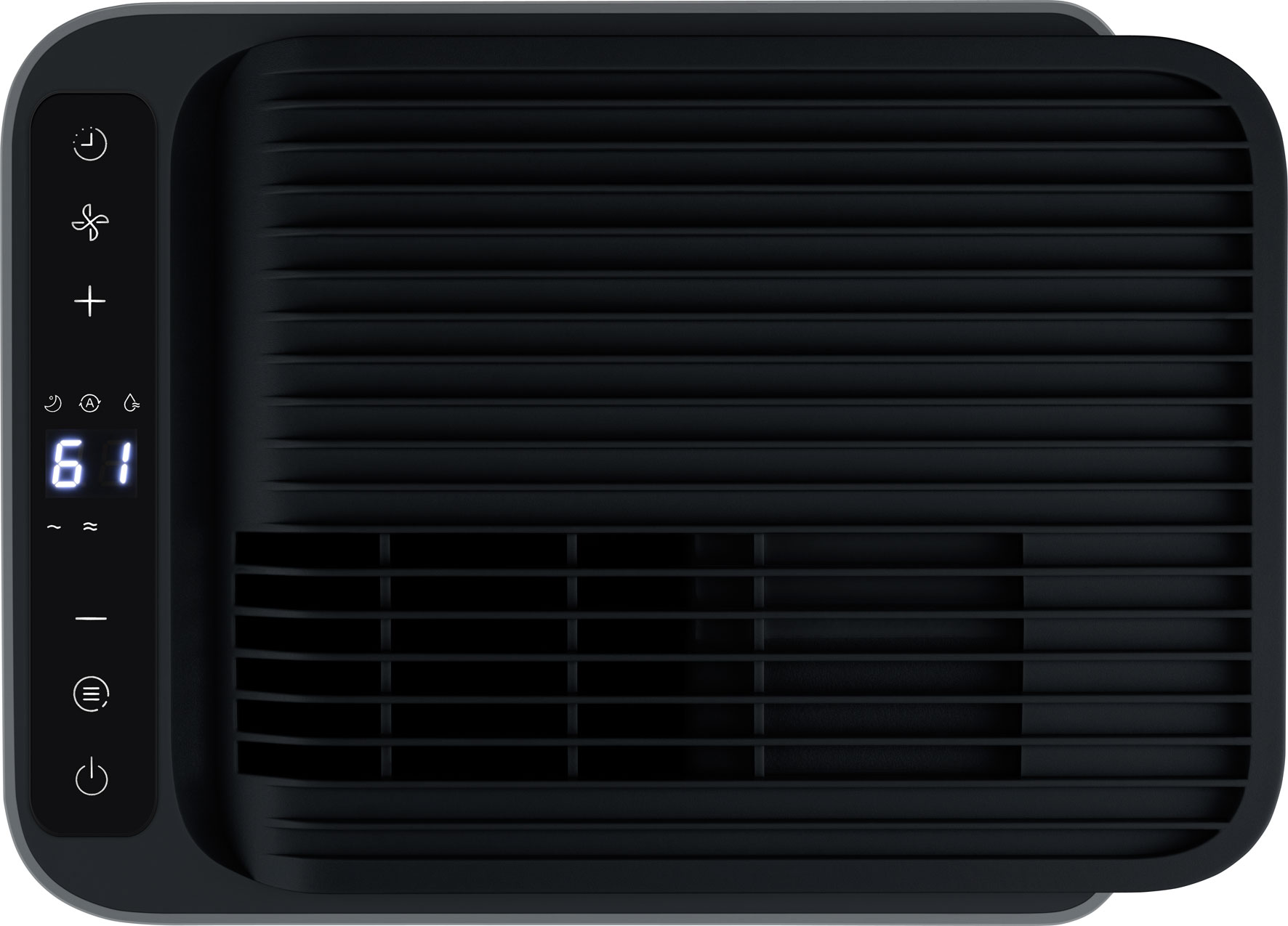 Purificatore d'aria nero con prese d'aria e display digitale che mostra 61.