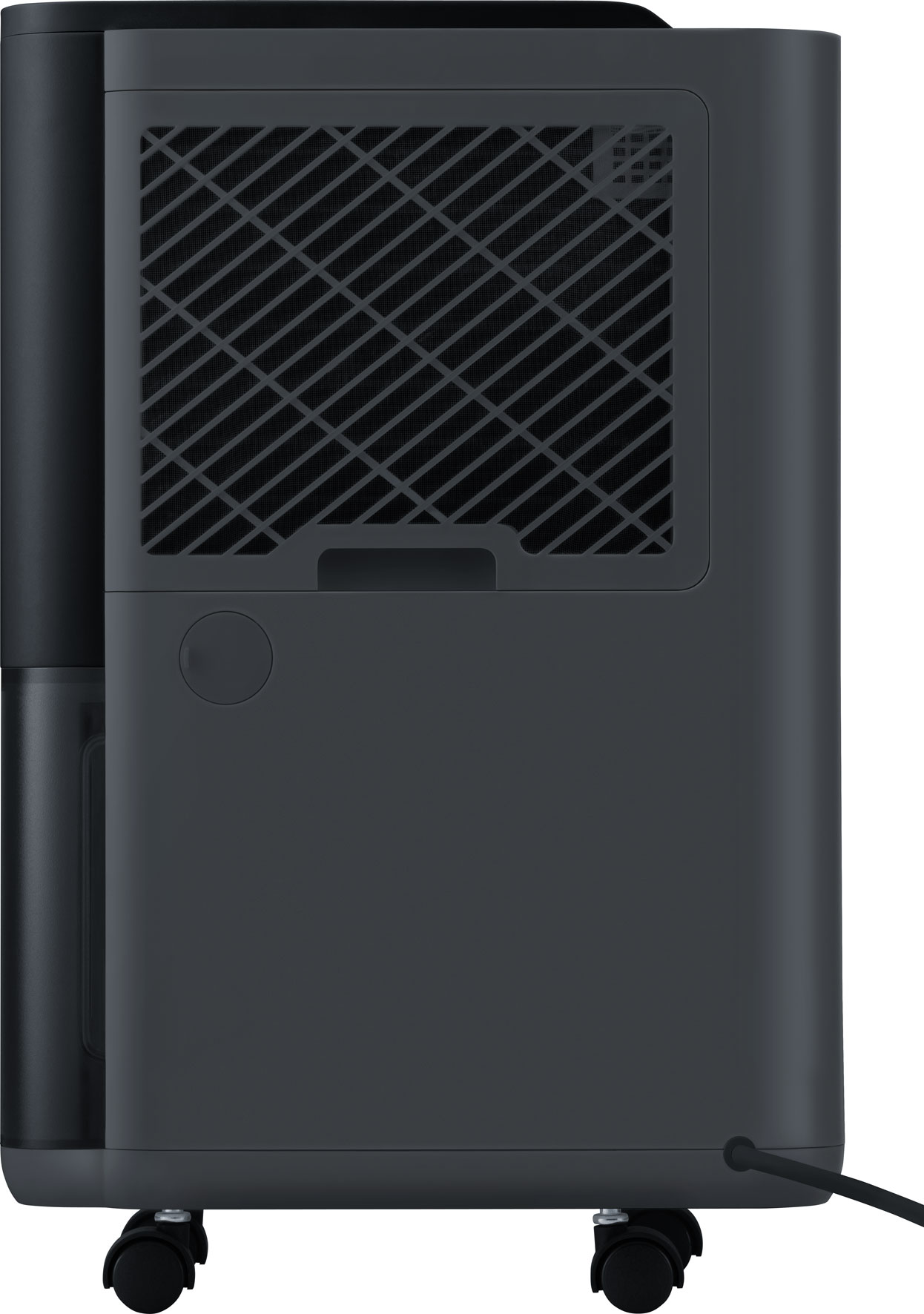 Un deumidificatore portatile grigio scuro con ruote e un'ampia griglia di ventilazione laterale.
