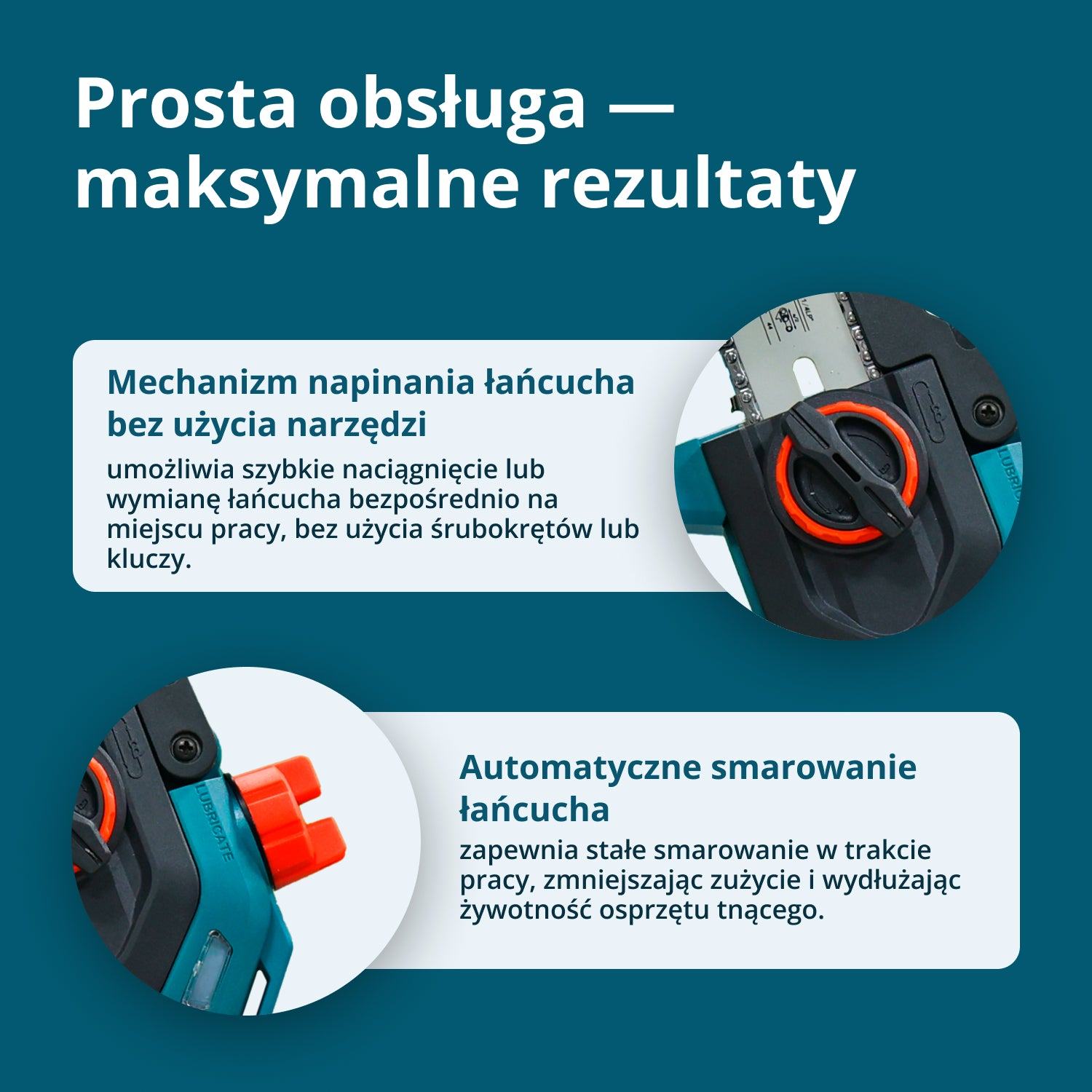Zbliżenie piły łańcuchowej z napinaniem łańcucha bez narzędzi i automatycznym smarowaniem.
