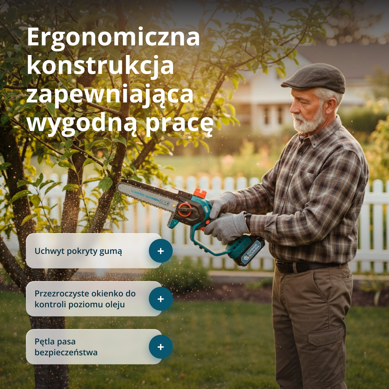 Mężczyzna w czapce i kratę trzyma piłę łańcuchową w ogrodzie.
