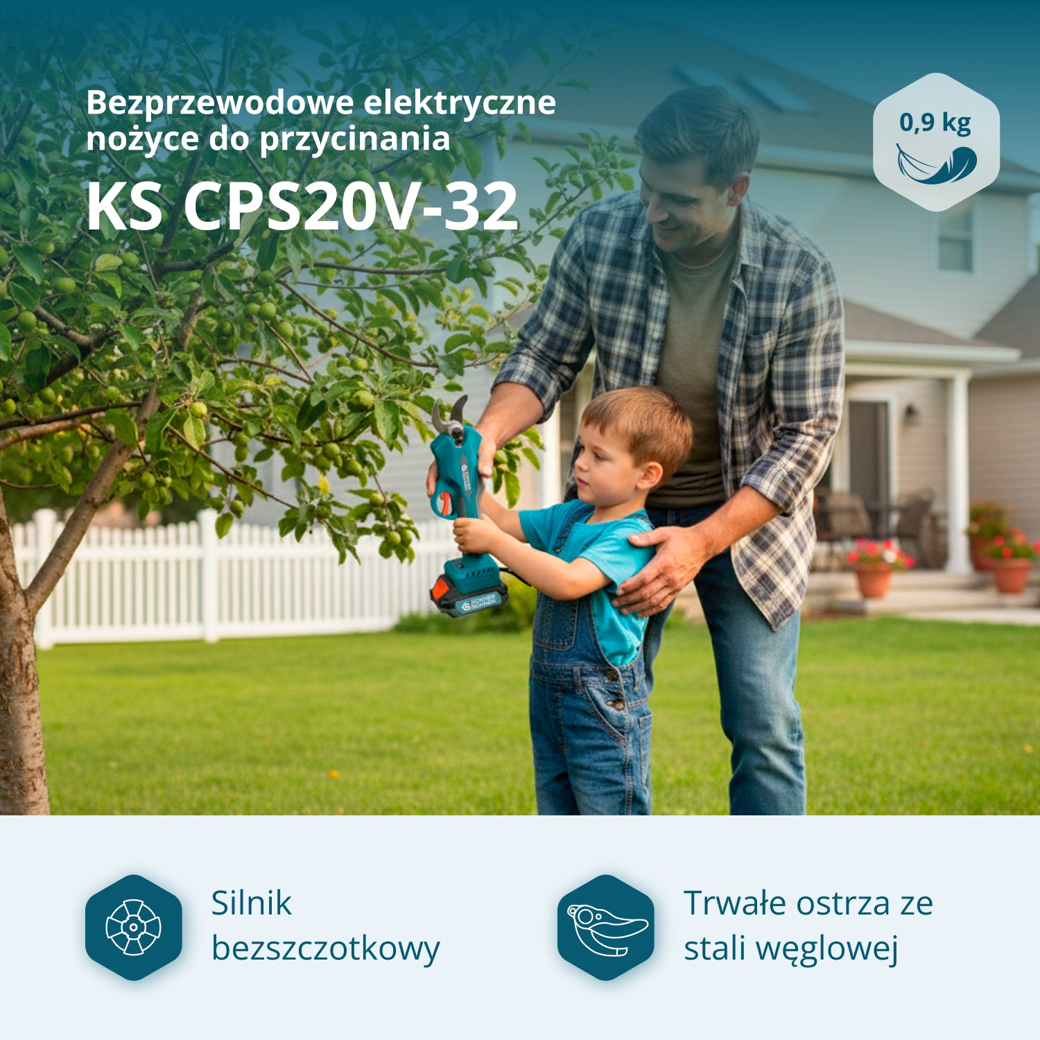 Mężczyzna i dziecko przycinają gałęzie elektrycznymi nożycami. 0,9 kg.