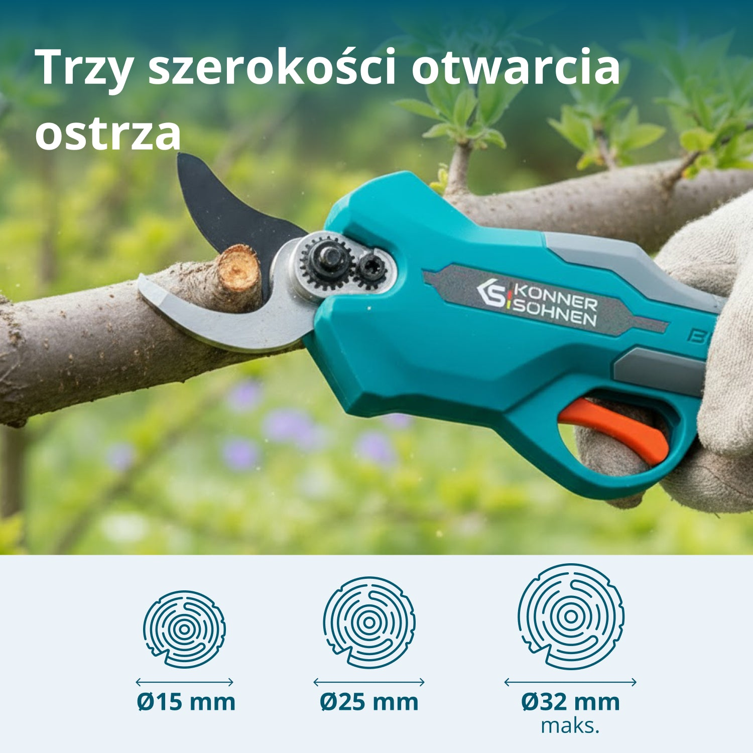 Siekiera tnie gałąź; trzy szerokości otwarcia: 15, 25, 32 mm.