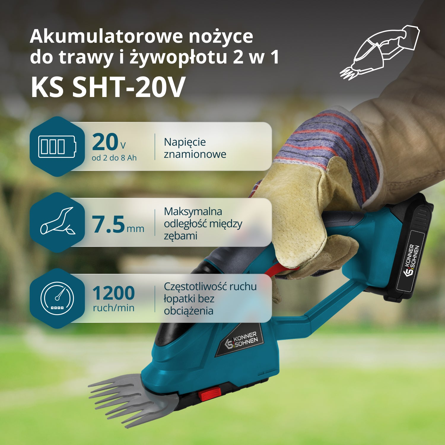 Ręka w rękawicy trzyma akumulatorowe nożyce do trawy i żywopłotu.