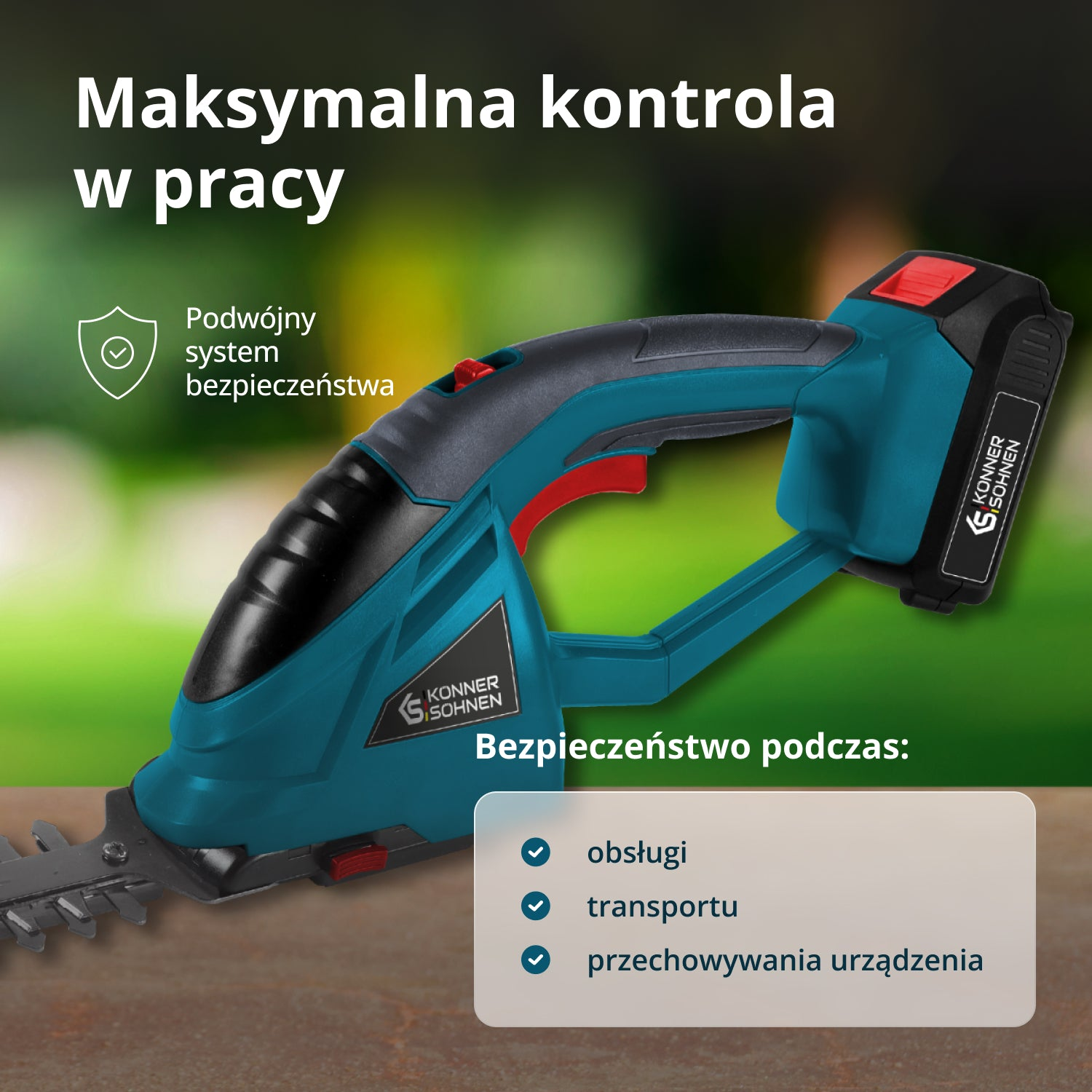 Niebiesko-czarny trymer akumulatorowy do prac ogrodowych.