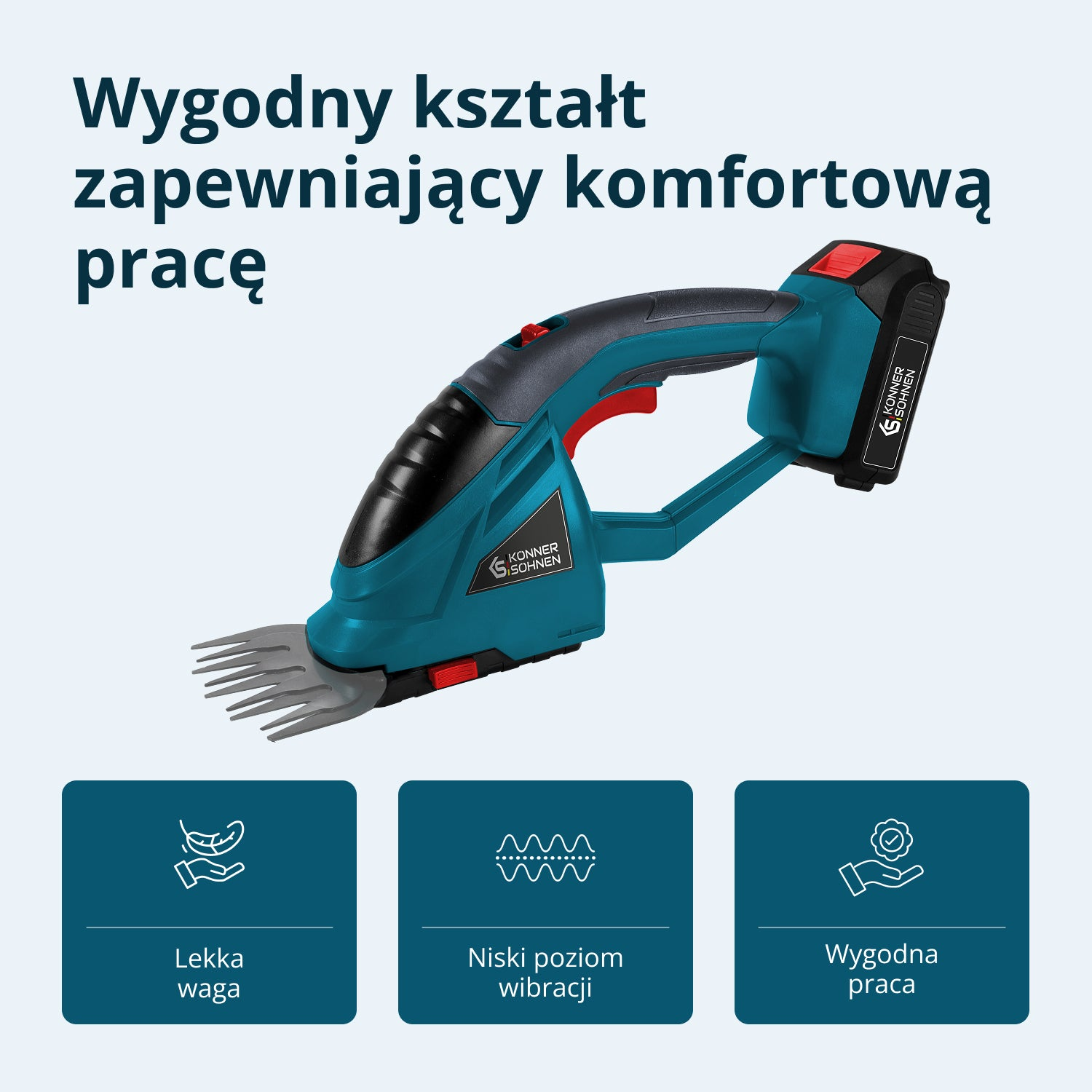 Niebieski trymer akumulatorowy z ostrzami i trzema ikonami: pióro, linia falista, ręka z haczykiem.