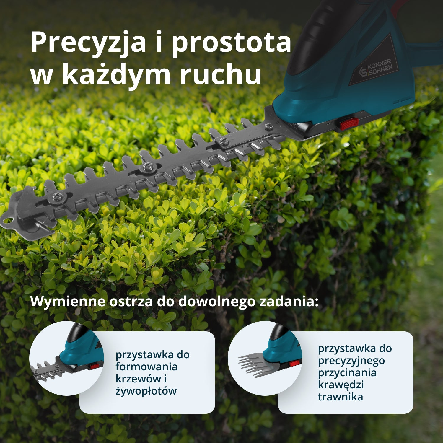 Niebieskie nożyce do żywopłotu z wymiennymi ostrzami tnące zielony żywopłot.