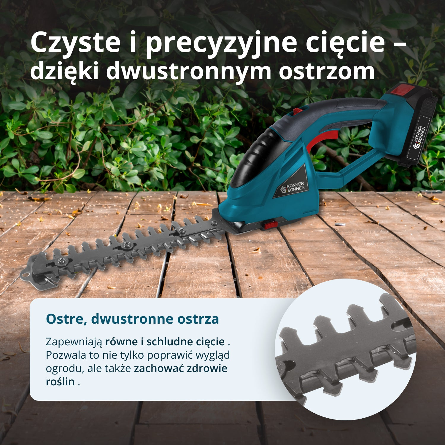 Akumulatorowe nożyce do żywopłotu z ostrymi, dwustronnymi ostrzami na drewnianym stole.