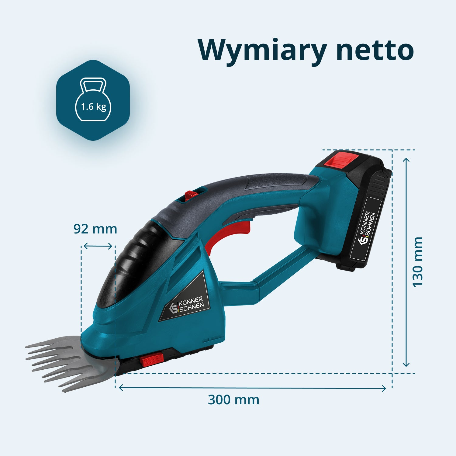Niebiesko-czarne akumulatorowe nożyce do trawy z wymiarami: 1,6 kg, 92 mm, 130 mm, 300 mm.